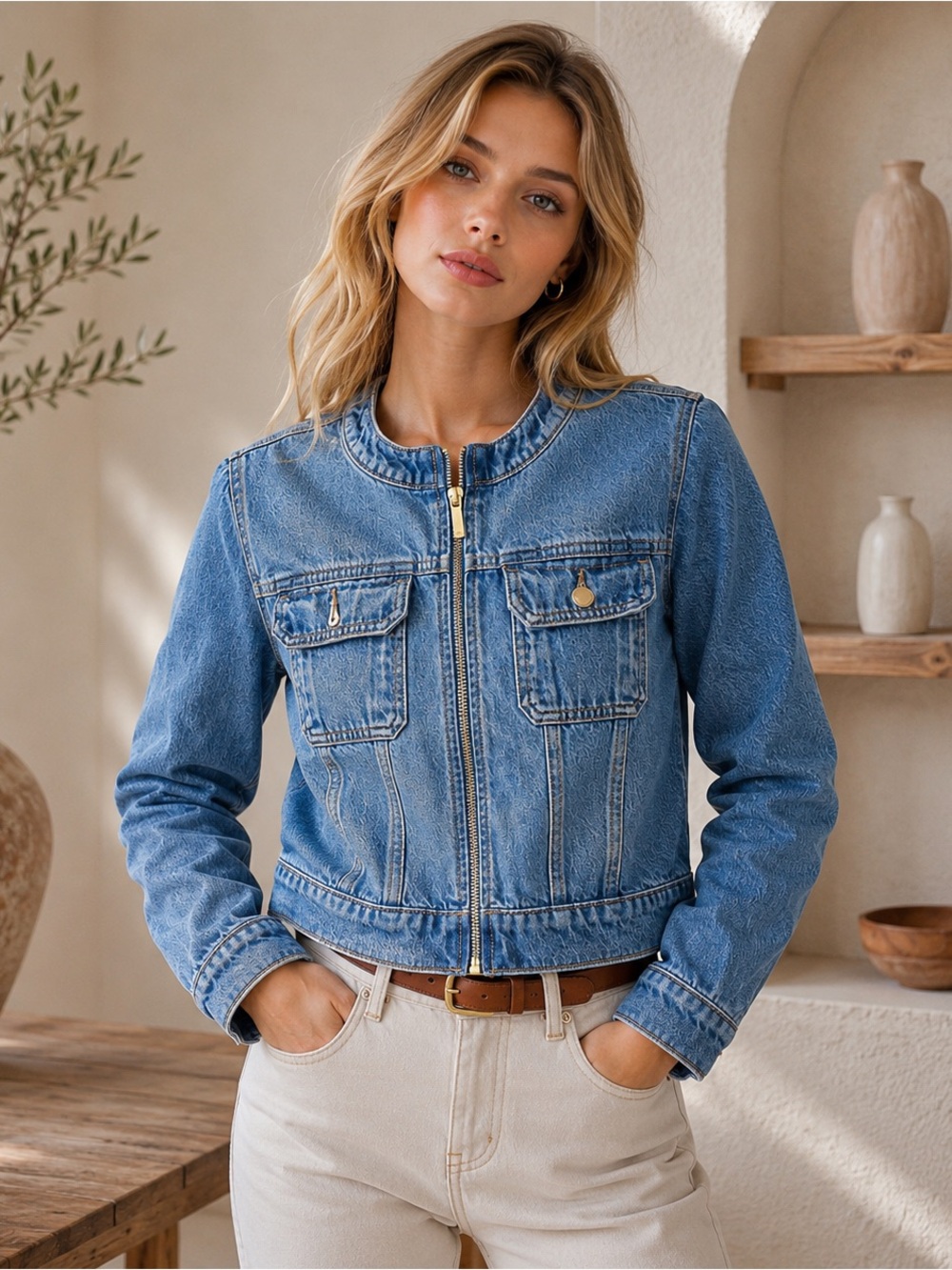 Michael Kors Blue Cropped Denim Jacket with Pocket Flaps - Picture 2 of 6